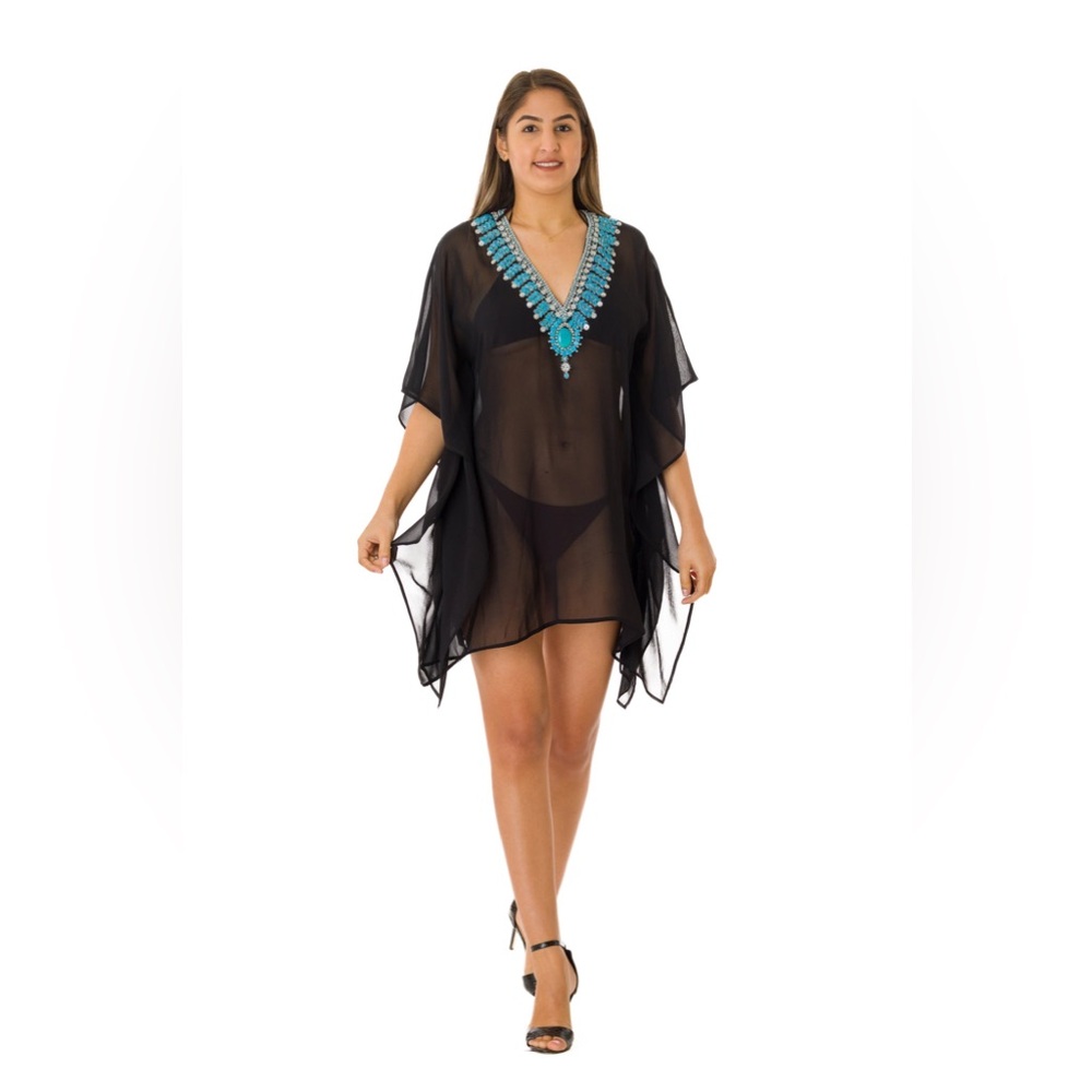 NWOT Ranee’s Black Sheer Swim Cover-Up tunic turquoise beaded Embellishments